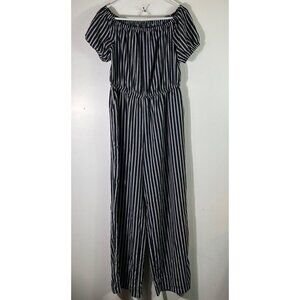 Womens Madison Off Shoulder Jumpsuit  Short Puff Sleeve Navy White Stripe M Poly